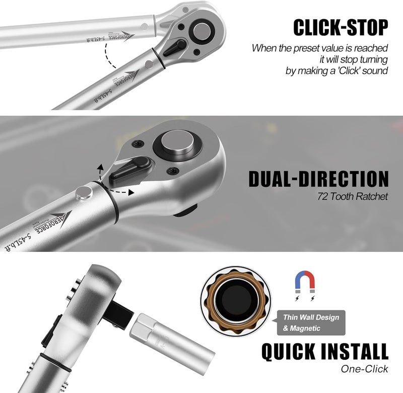 AEROFORCE Professional Tools AEROFORCE 14PCS 3/8-Inch Drive Swivel Magnetic Spark Plug Socket Set with 3/8'' Torque Wrench (5-45 Lb.ft/6.8-61.2 Nm), Universal Joint & Extension Bar - Durable CR-V Steel for Easy Spark Plug Removal - Image 4